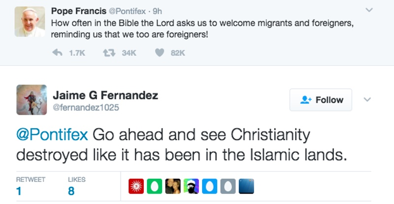 Screenshot of a Twitter user explaining to Pope Francis why he’s wrong that the bible asks humans to welcome migrants and foreigners (Twitter)